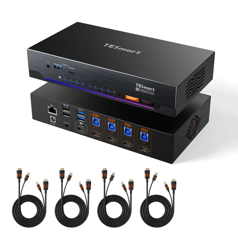 4-Port 8K60 Hdmi 2.1 Kvm-Switch Mit Integriertem Netzwerk-Switch, Usb-3.2-Hub, Gigabit-Lan, Rgb-Lichtleiste & Fernbedienung – 4 Pcs, 1 Monitor 1