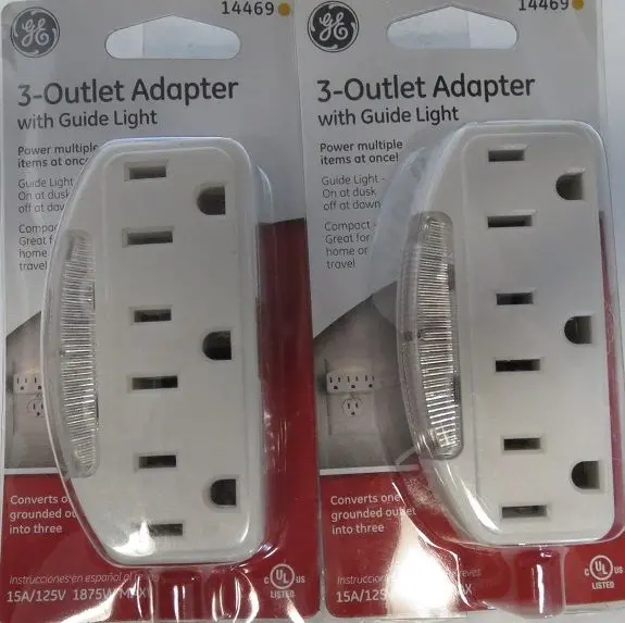 Ge 14469 3-Outlet Adapter With Guide Light 2 Packs 1