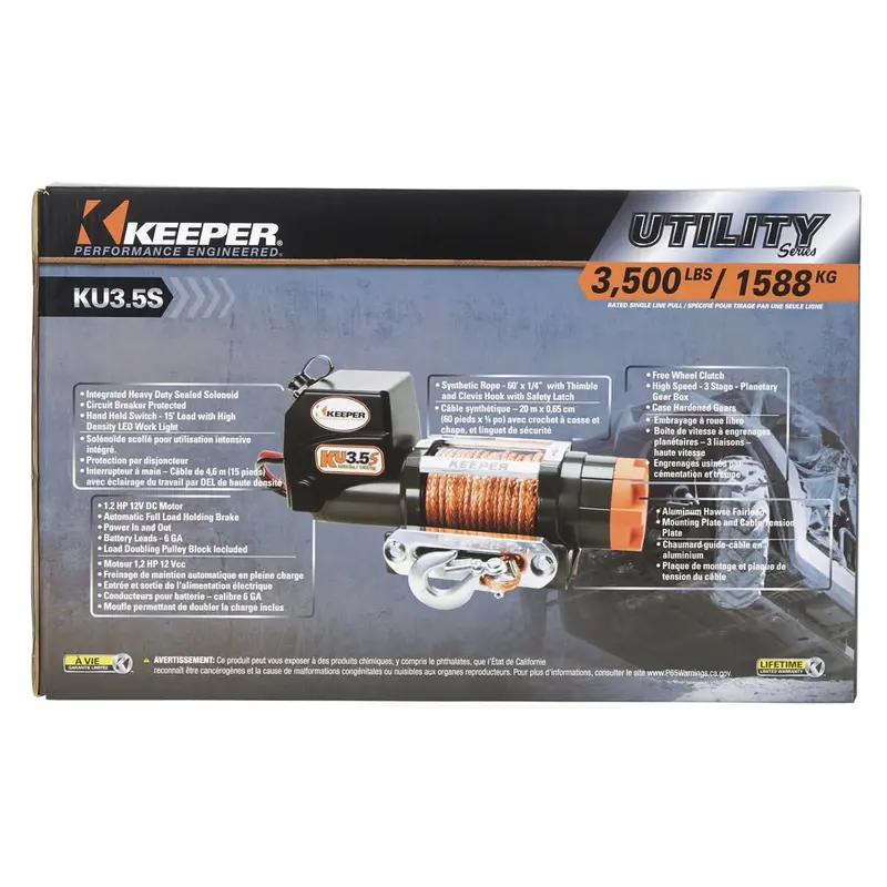 Keeper Dc Powered Winch, Remote, Plate, 3500Lb. Capacity, Volts 12, Model# Ku35082-1 1